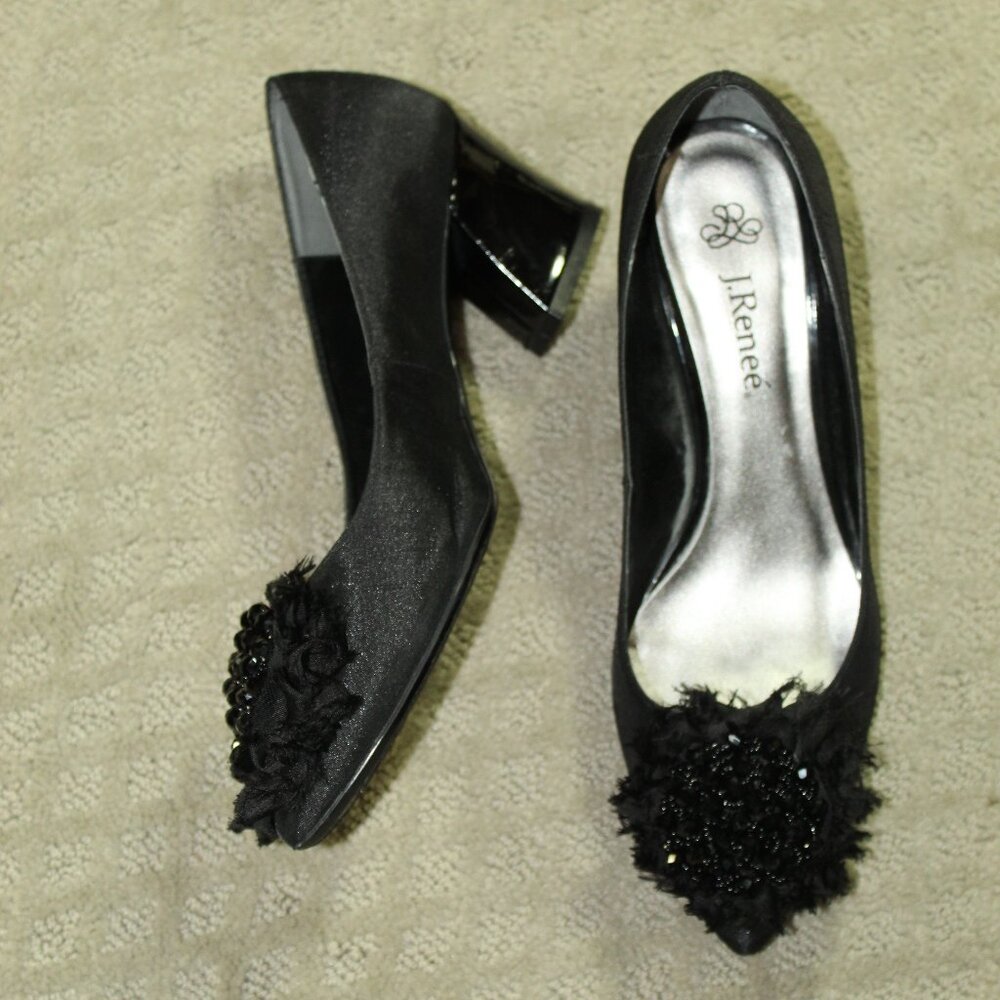 J. Renee Emily Women's Size 7WW Black Faceted Bead Embellished Block Heels